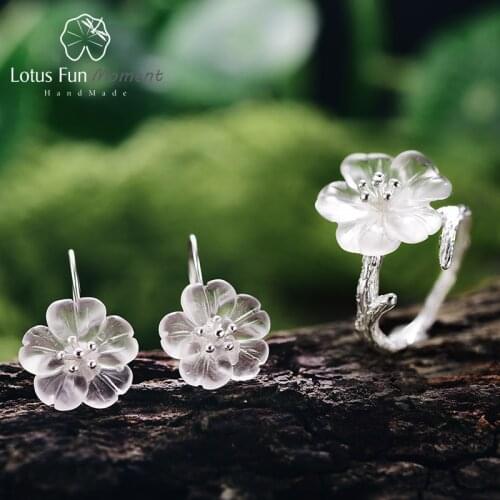 Lotus Fun Moment Real 925 Sterling Silver Natural Crystal Fashion Jewelry Flower in the Rain Jewelry Set for Women Female Bijoux
