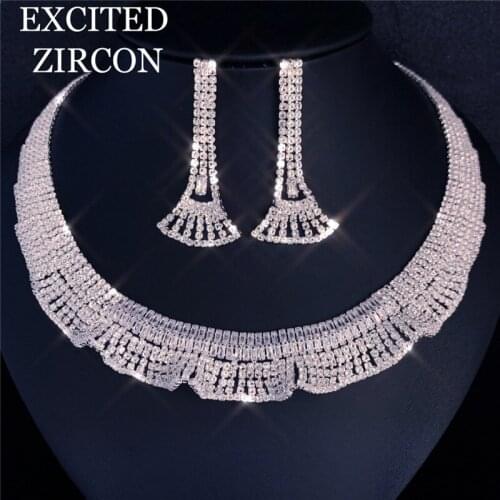 Fashion luxury noble zircon crystal necklace earring set bride bridesmaid wedding jewelry set party gift for woman