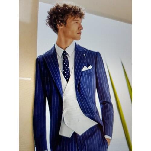 2020 Custom Made New Arrival Wool Blended R Blue Mens Striped Suit Costume Made Formal Fashion Men Suit 3 Pieces Handsome Terno