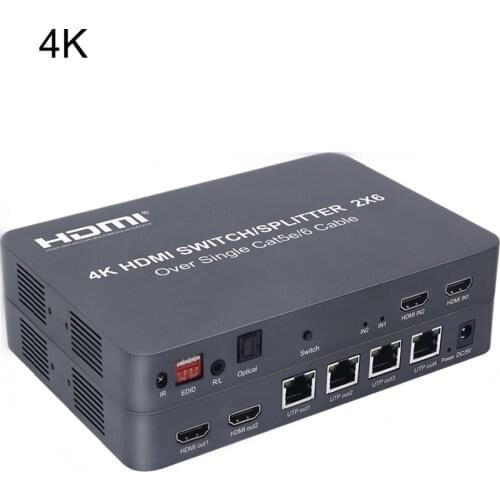 New model 4K 2x6 HDMI Switch Splitter 60m Extender over single Cat 5E/6 with 4 pieces RX receiver one set wholesale