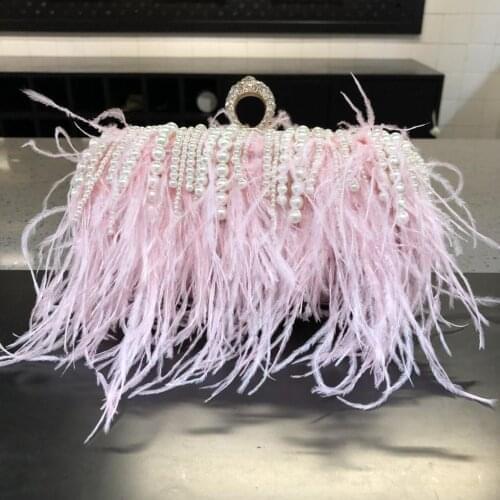 Luxury Real Ostrich Feathers Handbag Evening Bags Womens Pouch Purse Pink Green Diamond Clutch Party Messenger Bag For Ladies