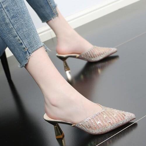 Transparent High Heels Sexy Ladies Woman Slippers New Summer Shoes Square Heel Weave Square Toe Slippers Ladies Leather Shoes