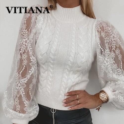 VITIANA Women Knitted Lace Sweater White Autumn Spring 2021 Female Lantern Sleeve Pullovers Turtleneck Sext Sweaters Femme
