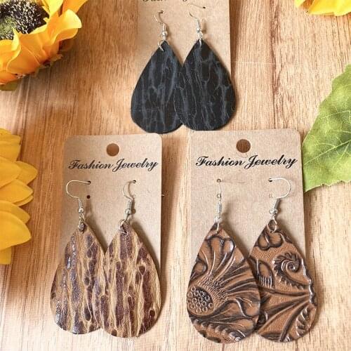 Embossed Genuine Leather Teardrop Dangle Drop Earrings for Women Classic Fashion Jewelry