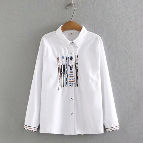 Oversized shirt turn-down collar embroidery womens blouses new 2021 fashion white cotton spring autumn Womens long sleeve top