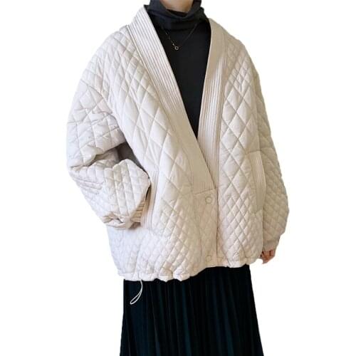 New Korean Loose V-neck Diamond Check Down Padded Jacket Women 2021 Autumn Winter Jacket Coats FemNew Korean Loale Outerwear 92A