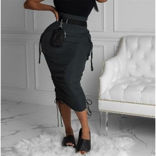 Hirigin 2021 Stylish Women Summer Pocket Skirts Streetwear Solid Color Elastic High-Waist Pleated Drawstrings Long Maxi Skirt
