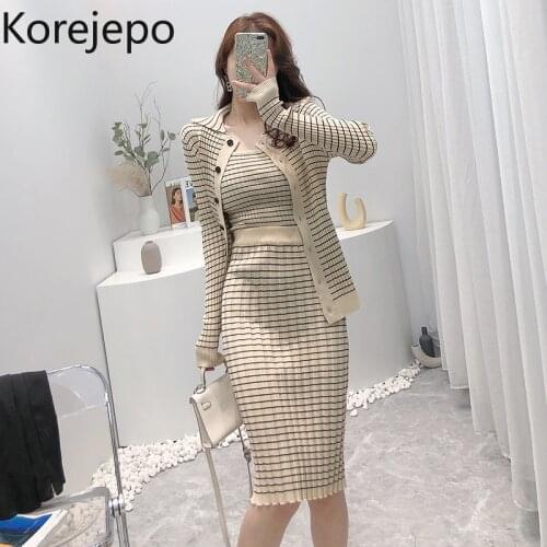 Korejepo Women 3 Piece Set 2021 Autumn New Korean Style Temperament Fashion Suit Plaid Knitted Cardigan Bottoming Camisole Skirt