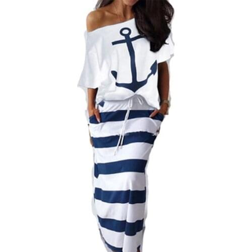 2021 Women Sexy Off Shoulder Batwing Sleeve Boat Anchor Print T Shirt Striped Lady Casual Ankle-Length Two Piece Set Women Skirt