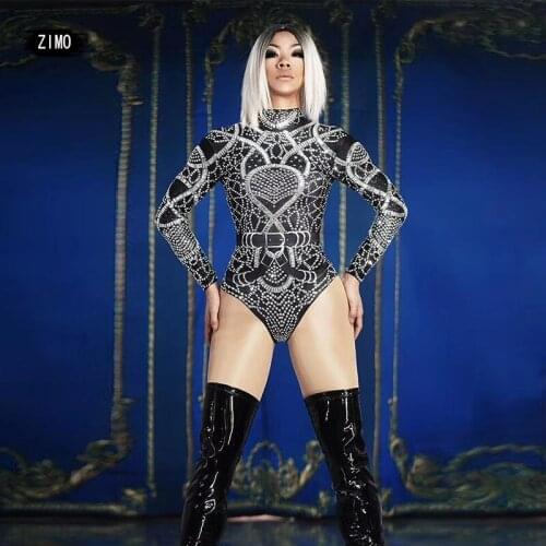 Silver Black Crystals Bodysuit women Sexy Dance Leotard Stretch Nightclub Bar DJ Singer Jazz Team DS Performanace Costume Stage