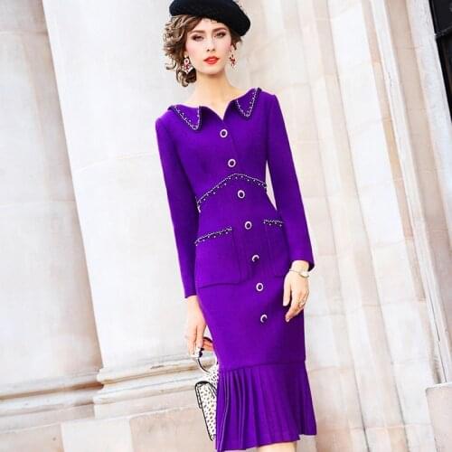 NEW Runway 2021 spring Solid Vintage Nail bead dress Warm wool dresses autumn Women winter Full sleeve The wrinkle Party Dress