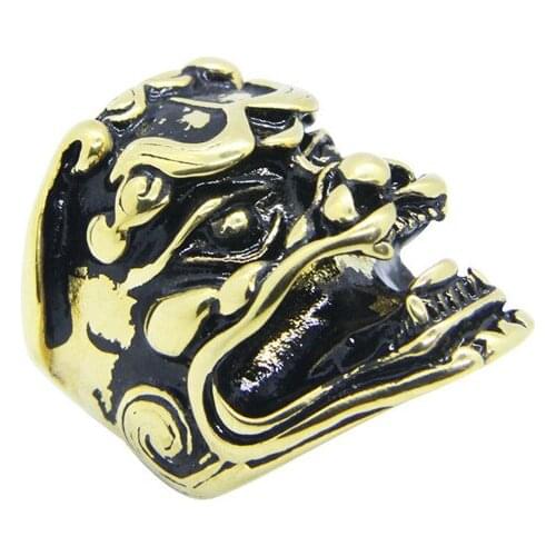 Golden Kirin Ring 316L Stainless Steel Big Chinese Lion Ring Bad Ass Mens Jewelry Fashion Polishing Lucky Ring
