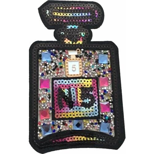 1 PC Rhinestines N 5 Perfume Bottle Embroidered Patch Iron on Sewing Crystal Sequined Applique for Jeans Clothing Decorations