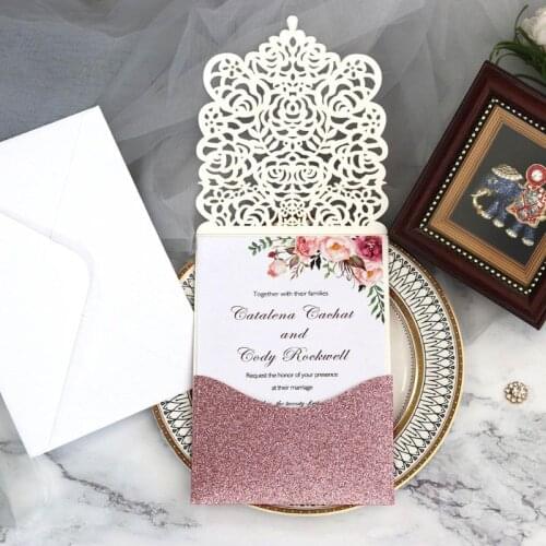 10pcs Laser Cut Glitte Rose Invitations Card with Rhinestone Kits Wedding Party