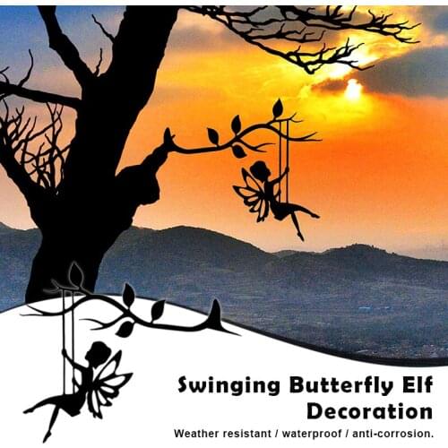 2D Garden Fairy Decoration Stake Metal Art Elf Silhouette Inserting Ornament for Outdoor Fairy Swinging on the Branch D1