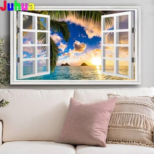 Window Landscape Full Drill 5d DIY Diamond Painting Coconut Sunset Diamond Embroidery mosaic cross stitch art Home Decor