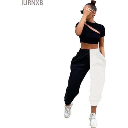 Fitness Pants Black White Stitching Contrast Women Pants Loose Hight Waist Trousers Elasticity Sportpants Women