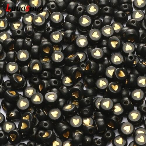 Wholesale 7*4mm Black Acrylic Gold Heart Beads Round Flat Loose Spacer Beads For Diy Jewelry Making Bracelet Necklace Supplies