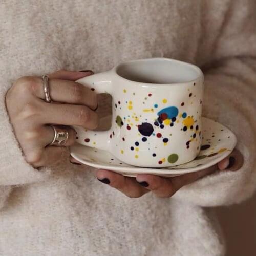 Ceramic Mug Coffee Cup Bar Saucer Set Household Handmade Breakfast Milk Couteau Viking Nordic Color Spray Moscow Mule