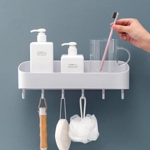Adhesive Bathroom Shelf Organizer Basket Unit Cosmetics Storage Rack With Hooks Wall Mounted Kitchen Shampoo Shower Holder
