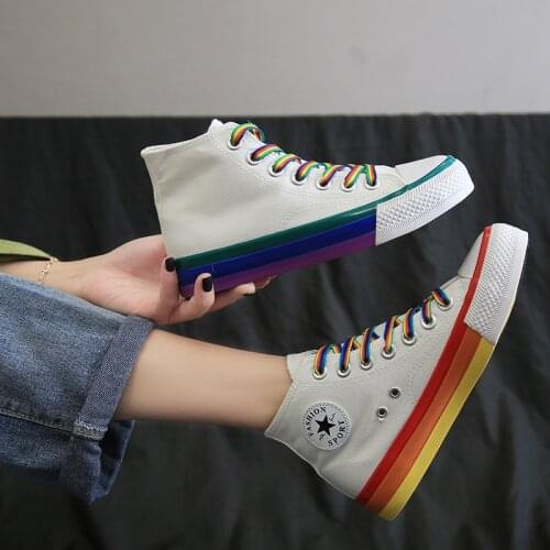 New Casual Canvas Shoes For Women High Top Sneakers Summer Flats Rainbow Ladies Lace Up Canvas Platform PW067
