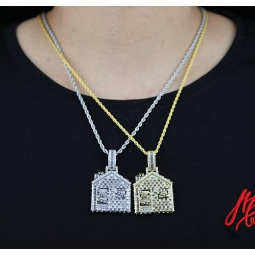 Big House Shape Pendant Rhinestone cz Choke Cuban tennis chain Necklace Fashion Hip Hop Necklace Jewelry For Men Rock jewelry