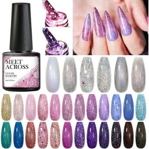 MEET ACROSS Gel Polish Glitter Nail Polish Semi Permanent Shiny Pure All For Nail Art Manicure Base Coat Primer UV Gel Varnishes