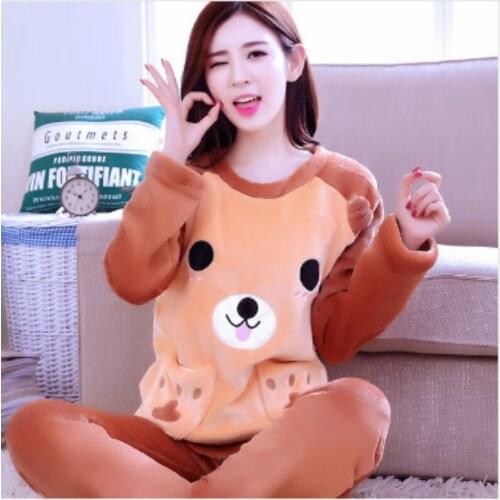 Autumn and Winter Thickening Flannel Pajama Sets Sleepwear Female Cartoon Pajamas Lounge Coral Fleece Sleepwear Pullover B-5943