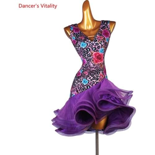 Latin Dance Dress V-Neck Printing Skirt Profession Custom Female Adult Child Elegant Performance Clothes Competition Clothing