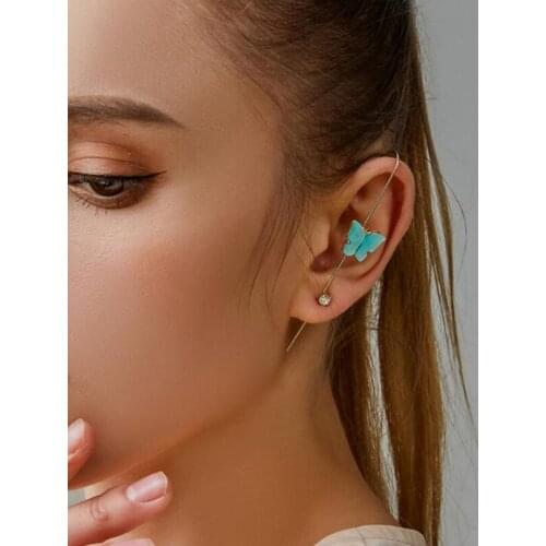 Crystal Butterfly Hook Earrings for Women Ear Wrap Crawler Long Straight Climber Stud Earrings Ear Bone Cuff Female Jewelry
