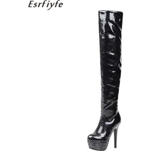ESRFIYFE New Plus Size 32-47 Patent Leather Sexy Over Knee Thigh High Boots Women Winter Thin High Heel Platform Shoes Woman