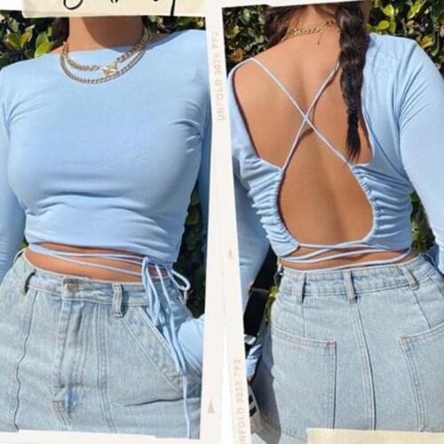 Sexy Backless Women Tops Lace Up Fashion Casual All-match Sweet Solid Basic Slim Streetwear Lady Tee Shirt Chic Cropped Tops