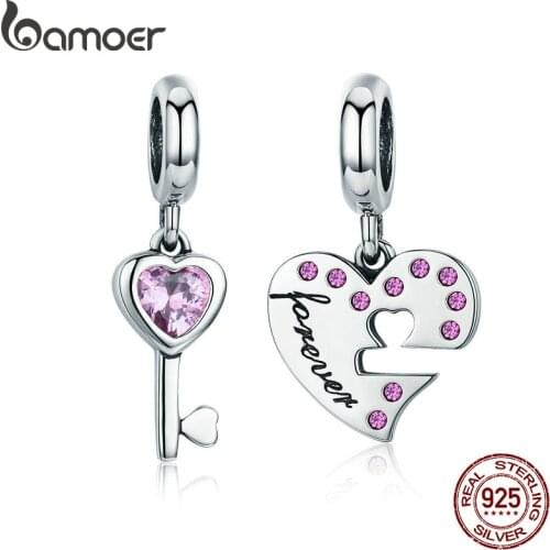 BAMOER Romantic 925 Sterling Silver Lock Key of Heart Pink CZ Charm Pendant fit Charm Bracelet Jewelry Girlfriend Gift SCC638