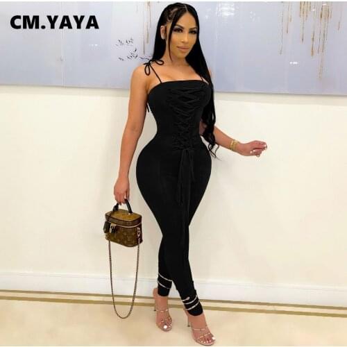 CM.YAYA Women Lace Up Spaghetti Strap Bodycon Jumpsuit High Waist Solid One Piece Overall Romper Yoga Streetwear Outfit Playsuit