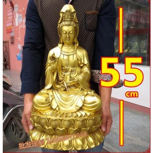 Unique 55cm Large HUGE HOME lobby hall Temple Talisman protection GOLD Nanhai Guanyin Buddha brass carving Sculpture statue
