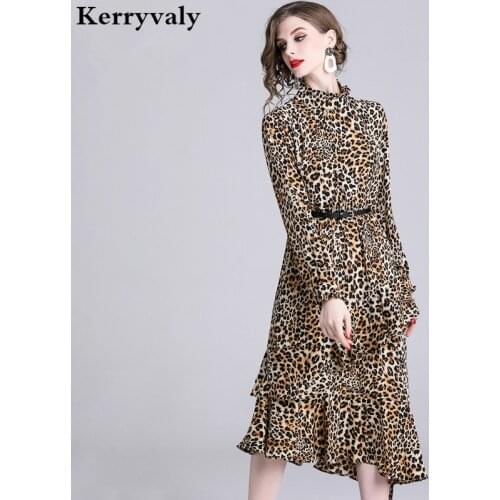 Spring Lotus Leaf Leopard Party Dress Vetement Femme 2021 Midi Irregular Women Dress Kleider Damen Vestiti Donna K5389