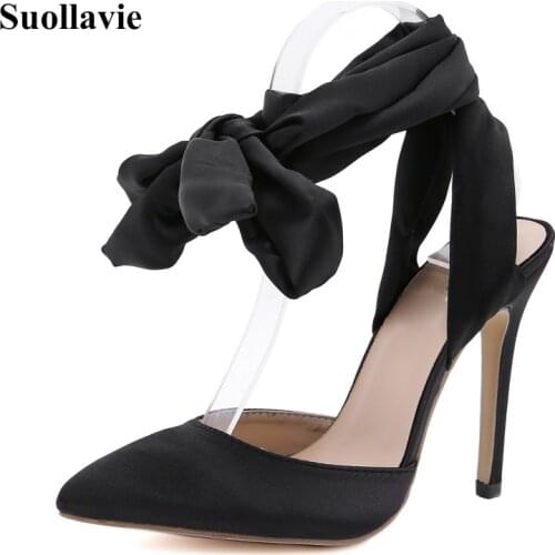 Suollavie 2020 hot shoes for women new ring band heel women pumps solid black high heels women pointed toe ladies shoes wedding