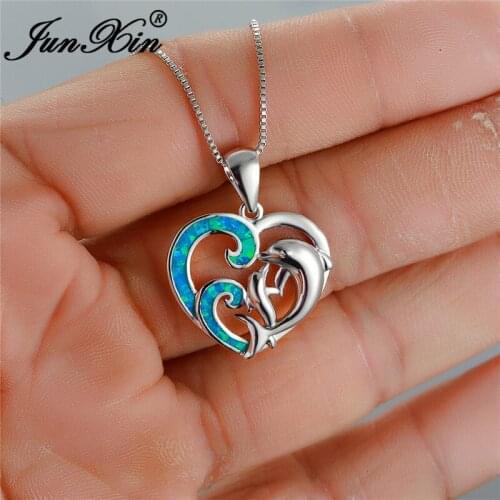 Cute Animal Dolphin Pendant Love Heart Necklaces For Women Silver Color Blue White Fire Opal Necklace Bride Wedding Jewelry