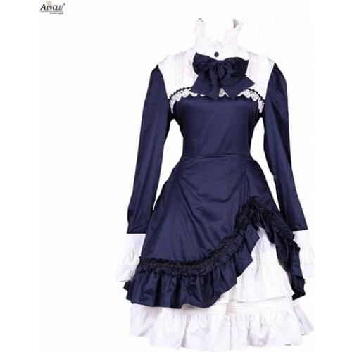 Ainclu Womens XS-XXL White Navy Blue Ladylike Cotton Stand Collar Long Sleeves Classic A-line Lolita Dress for Casual/Party