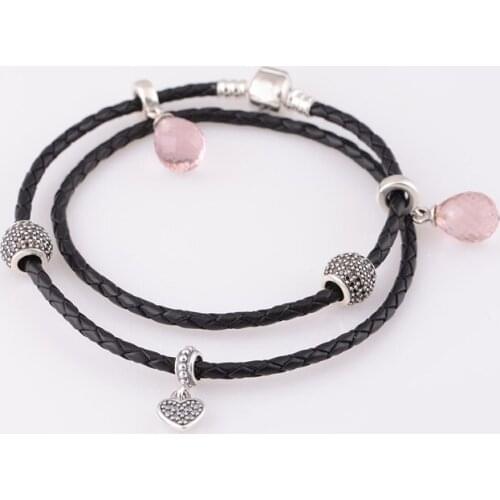 Black Leather Bracelets 100% 925 Authentic Sterling Silver Fine Jewelry Free Shipping