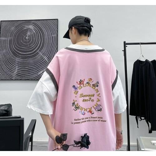 April MOMO Men T-Shirt Short Sleeve Round Neck Loose Patchwork Blouse T-shirt Tee Top Brown 3XL Men Clothing футболка 2021