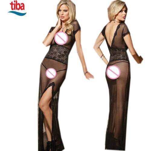 Hot Sexy TB-0117 Long Night Gown Transparent Sheer Mesh Night Dress Erotic Long Lingerie Women Sexy Nightwear Sleepwear