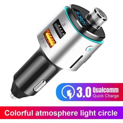 Konrisa QC3.0 Fast Charger Bluetooth FM Transmitter Handsfree Car Kit Lossless Music Player Dual USB Port Support TF Card U-disk