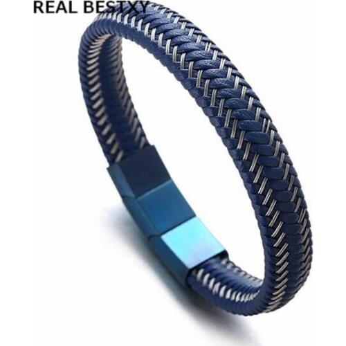 REAL BESTXY Leather Bracelet Wristband Bangle Punk Style Fashion Jewlery Blue Magnetic Clasps Leather Bracelet