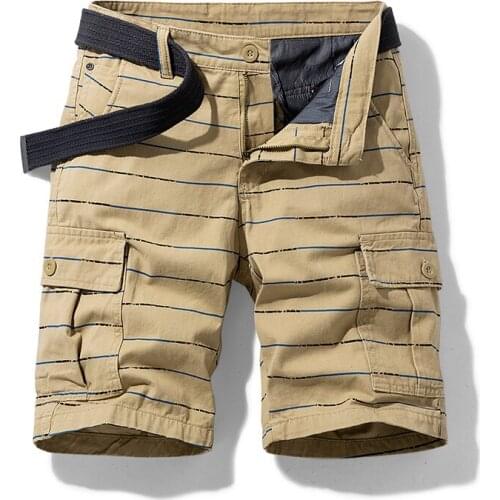 Pure Cotton Summer Mens Cargo Shorts Boys Casual Pocket Streetwear Plus Size Male Long Bermuda Striped Fashion Z143