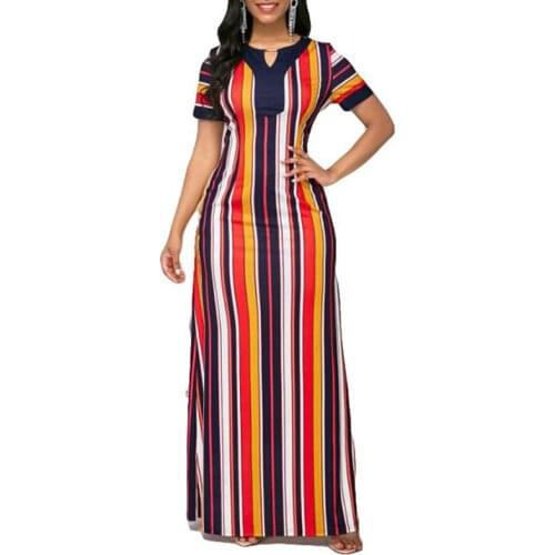 MISSJOY Woman Dress Short sleeve V-neck Fashion Stripe Print Pencil Dress Vintage Bodycon High Waist Elegant Party Dress