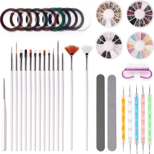 NEWCOME Nail Art Brushes Set Rhinestones Decoration Box Striping Tape Stickers Dotting Manicure Set Nail Kit Make up Tools
