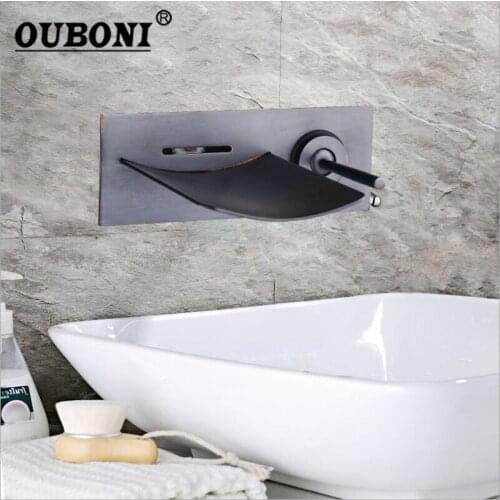 OUBONI Bathroom Bathtub ORB LED Single Handle Waterfall Wall Mount Vessel Sink Faucet Single Handle Bathroom Faucets