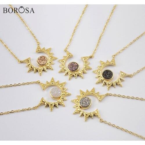 BOROSA 5Pcs Rainbow Natural Agates Titanium Druzy Pendant Necklace Shining Gold Sun Drusy Necklace Women Jewelry Gifts ZG0439