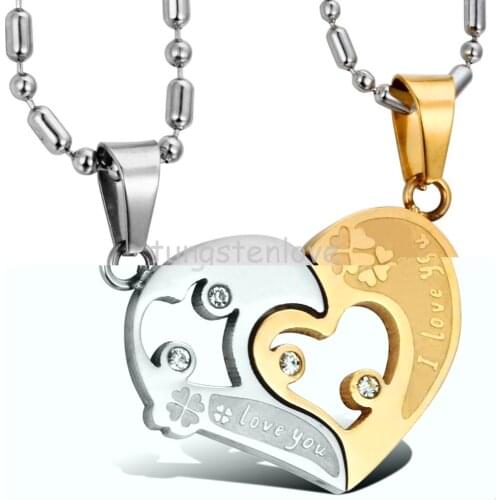 Couple Stainless Steel Combining Heart Pendant "I Love You" Lucky Clover Pendant Necklace Gold Silver Color Tone